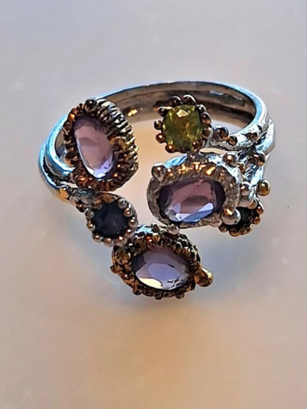 Artisan .925 Silver Gold Vermeil Amethyst Peridot Sapphire Cluster Bypass Ring